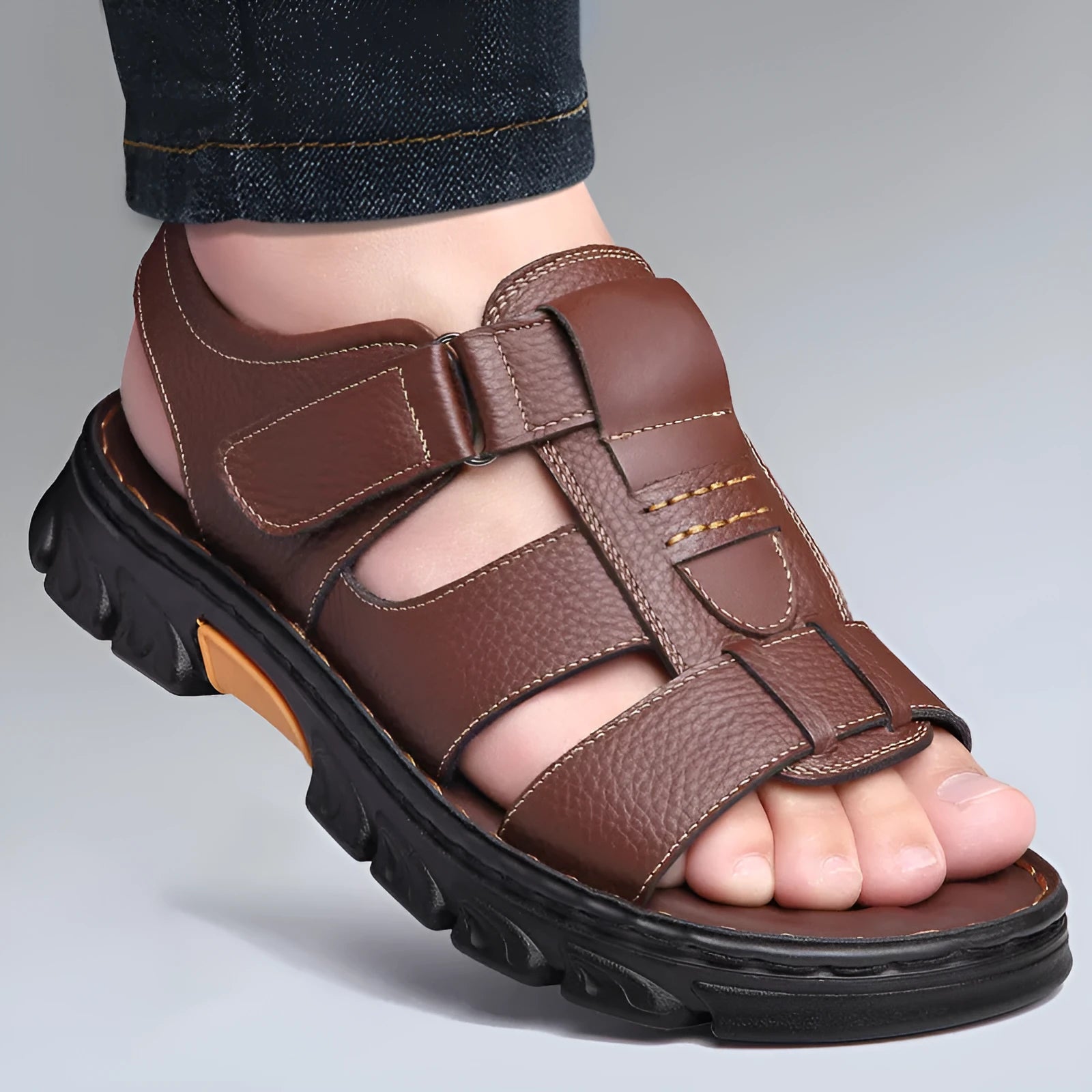 Men's summer cowhide soft bottom dual-use sandals open toe beach slippers with Velcro closure