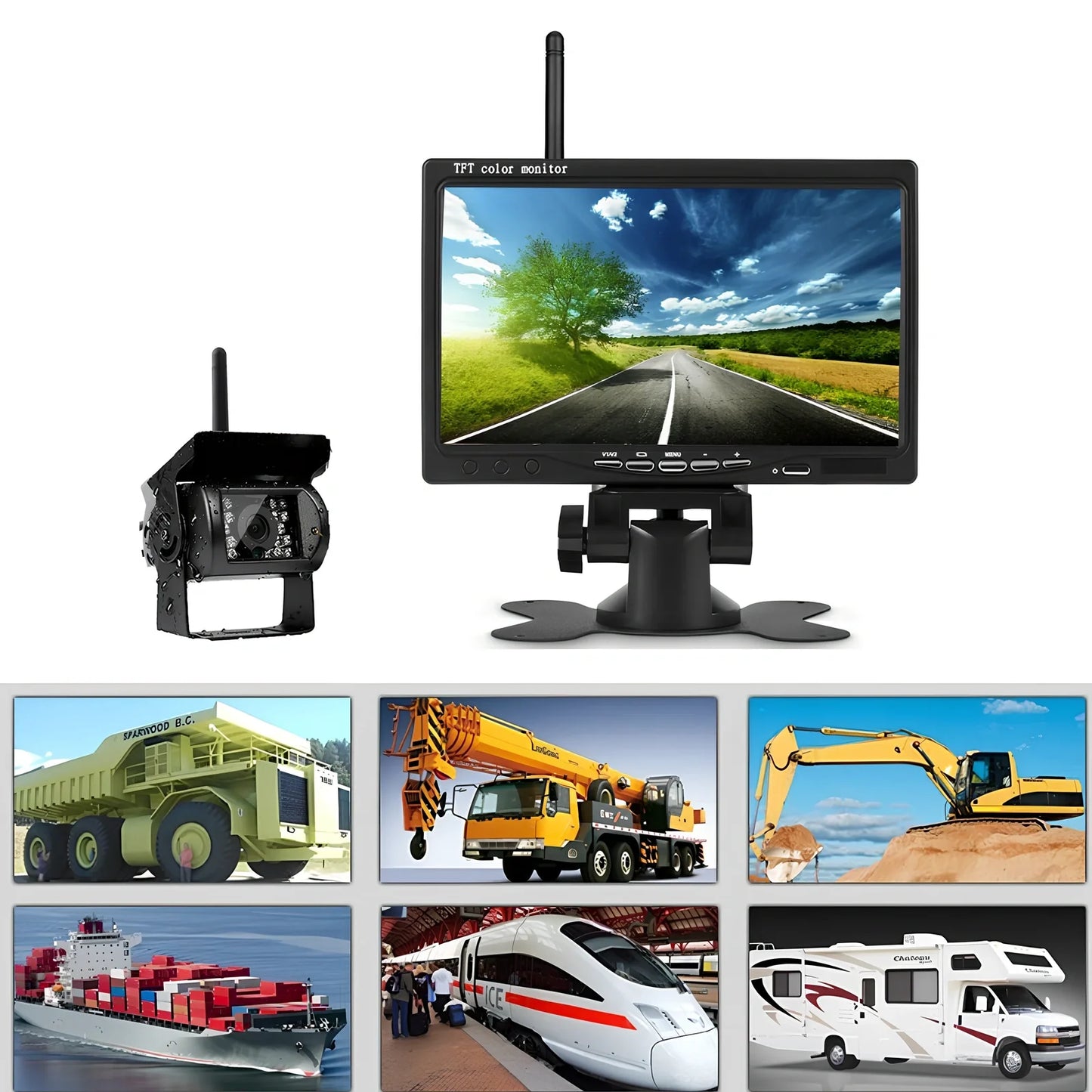 Black 7-inch wireless reversing camera display for forklifts, 175x115x20 mm, four-camera setup with 1024x600 resolution