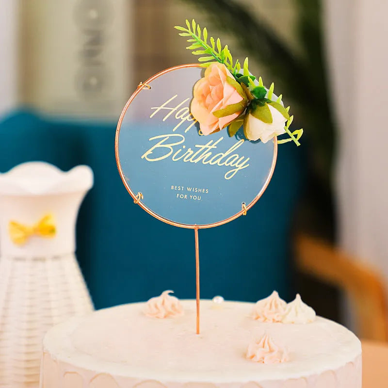 Acrylic happy birthday cake inserting card with plastic panel and wrought iron stem, butterfly pink colour