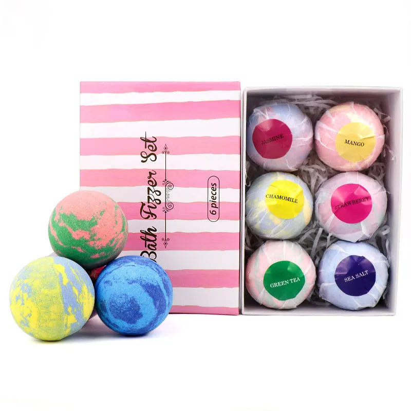 Set of six mixed colour bath salt balls with shea butter and essential oils for oil control and exfoliation