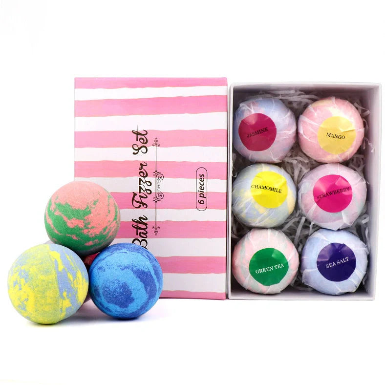 Six spherical 4cm diameter bath salt balls in mixed colours with 60g weight each containing shea butter and essential oils