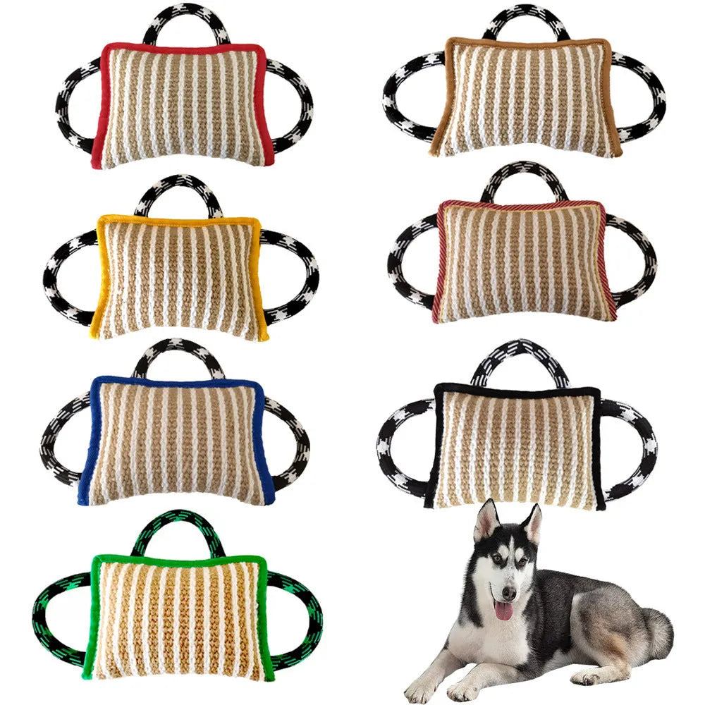 Jute bite pillow dog tug toy with three rope handles in various colours