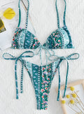 Ladies green solid colour backless bikini swimsuit set in polyester, front view