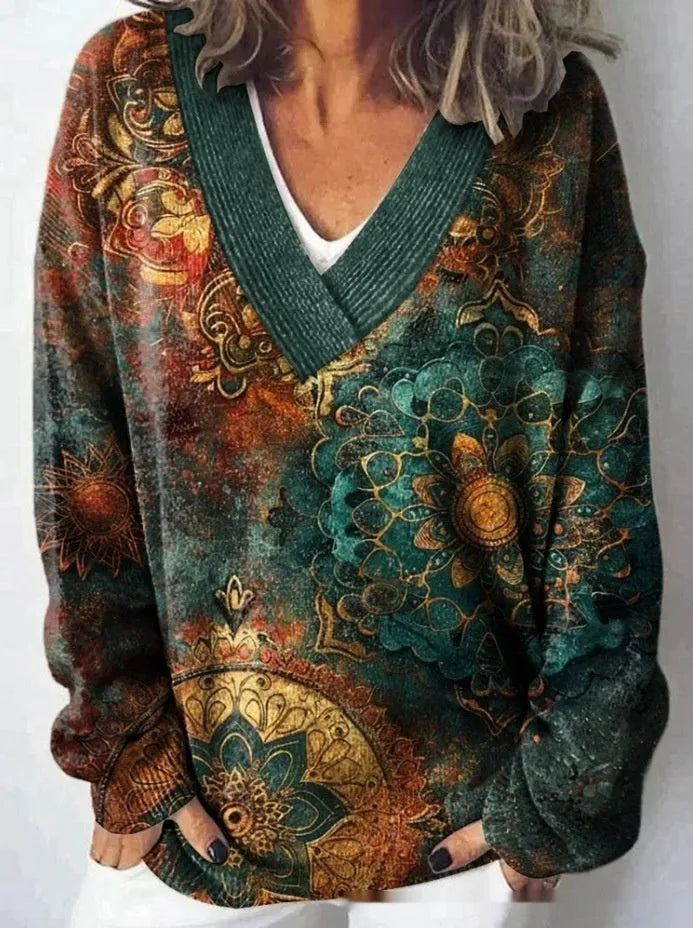 Women's V-neck long sleeve sweatshirt with a detailed 3D floral print in a retro art style.
