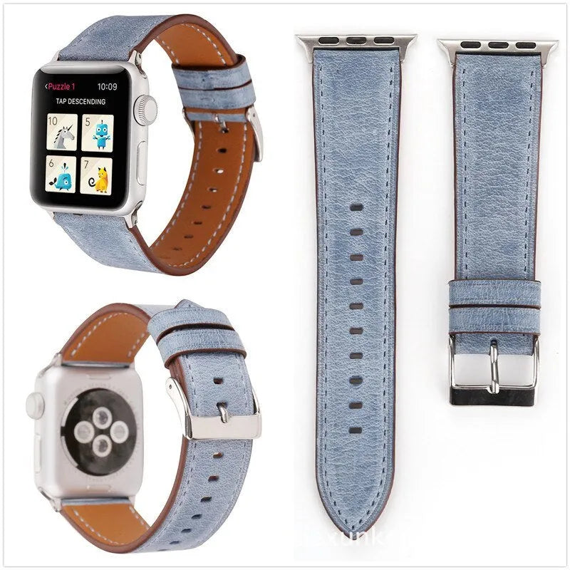 Genuine leather watch strap with folding buckle in blue, shown in 38mm width.