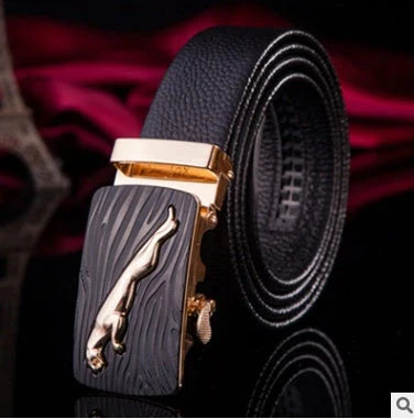Men's automatic buckle leather belt with gold buckle head, 3.55cm width