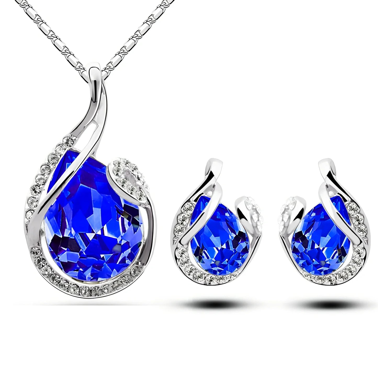 3-piece water-drop rhinestone necklace set with adjustable 21-50cm chain and matching stud earrings in blue, electroplated alloy for women's fashion