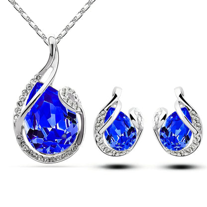 3-piece water-drop rhinestone necklace set with adjustable 21-50cm chain and matching stud earrings in blue, electroplated alloy for women's fashion