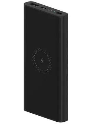White or black 10000mAh power bank with USB port and wireless charging for tablets and phones.