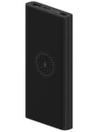 White or black 10000mAh power bank with USB port and wireless charging for tablets and phones.