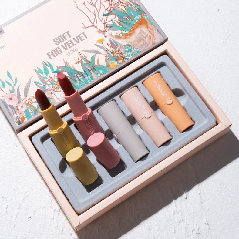 Soft mist velvet lipstick set with five shades in coordinated packaging