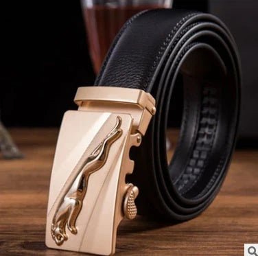 Men's automatic buckle leather belt with gold buckle head, 3.55cm width