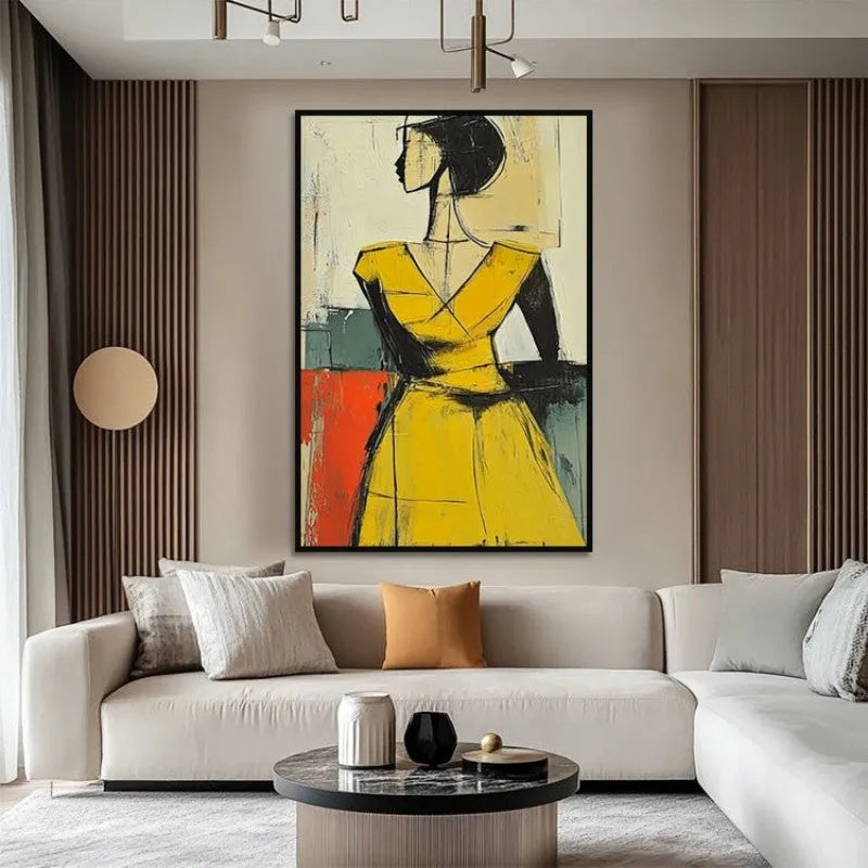 Hand-painted abstract oil painting of people in brown and yellow with vertical canvas and wabi sabi texture