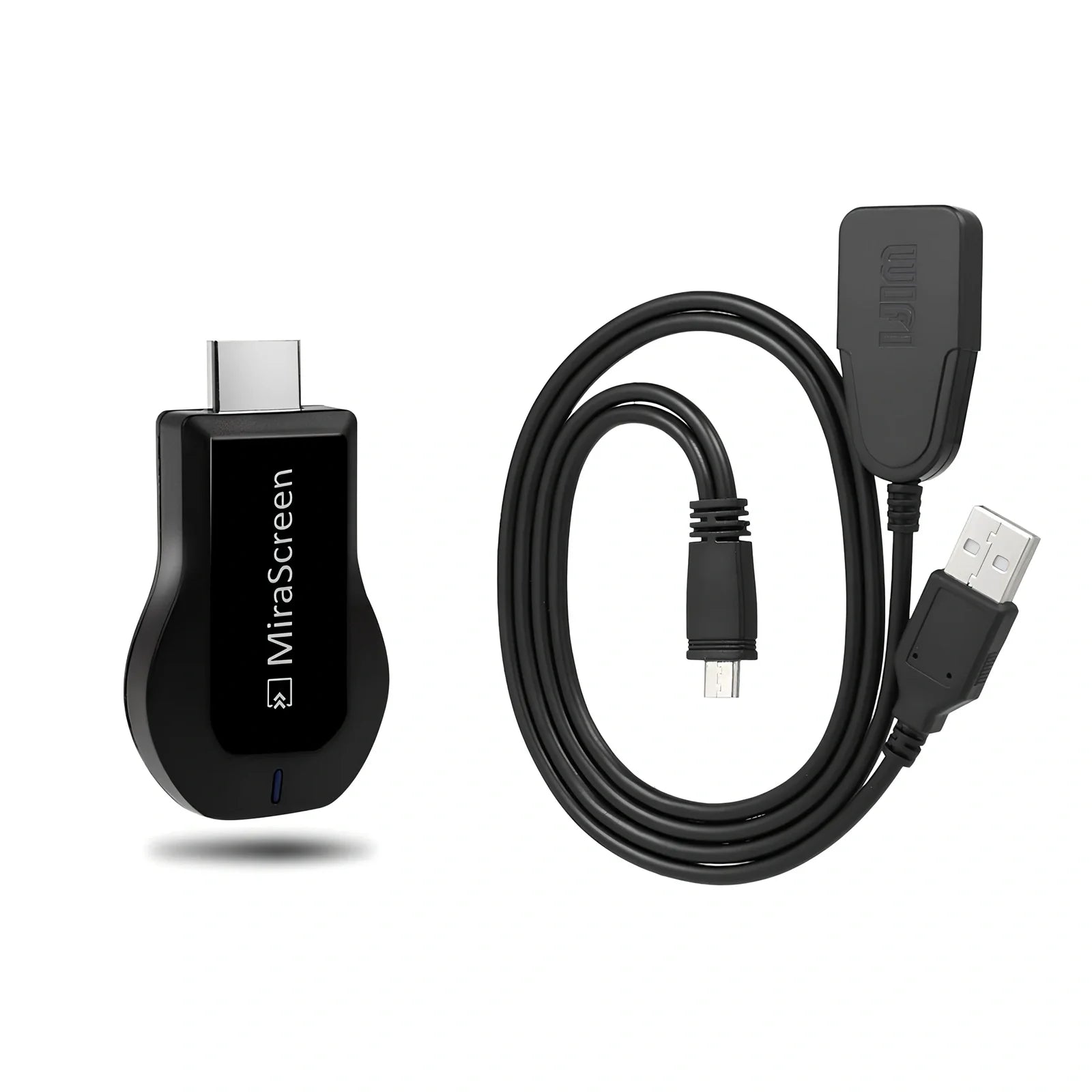Compact 1080p wireless HDMI dongle in black, 6cm long with USB cable for TV streaming