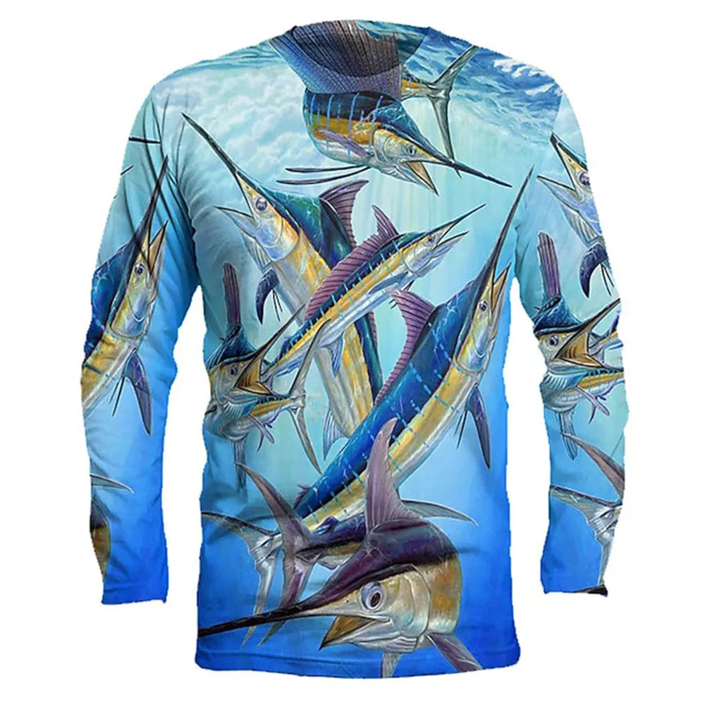 Men's grey pullover with a printed fish design on the front, showing round neck and long sleeves.