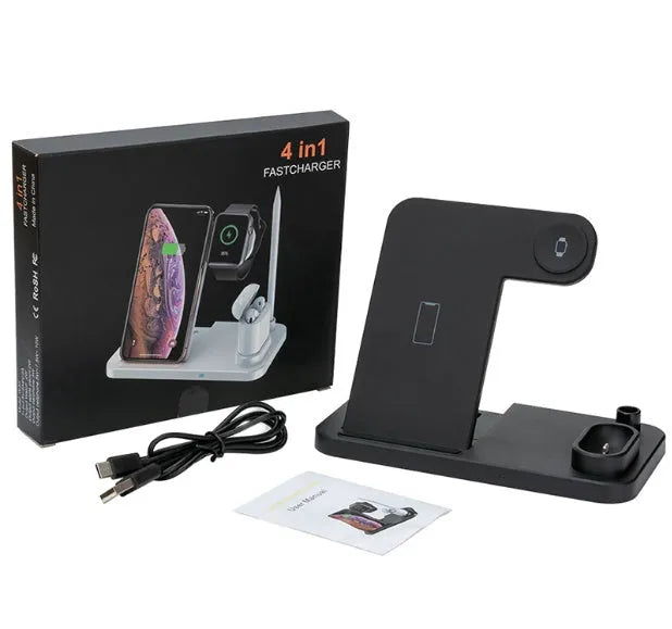 Black 4-in-1 wireless charging station showing phone on adjustable stand, with Apple Watch and AirPods charging on the base.