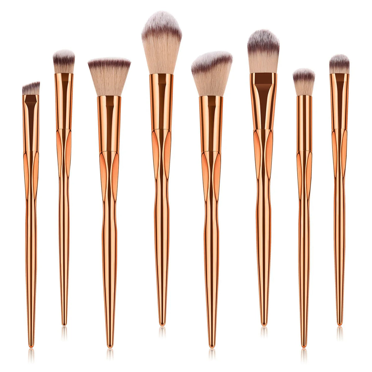 8-piece makeup brush set with nylon bristles, rose gold heart type handles, 22cm long, gold colour