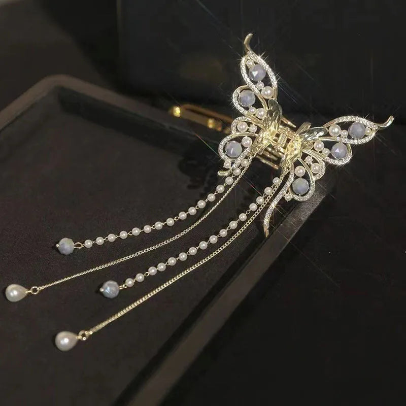 Women's alloy butterfly tassel grab clip, 8x8.5cm butterfly with 15cm tassel, manual finish, F0403 Butterfly tassel colour