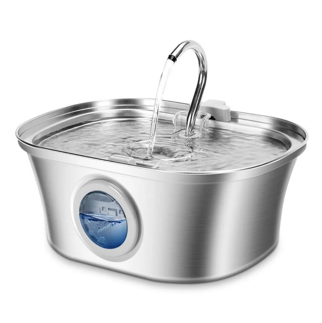 Stainless steel round pet water dispenser with 4 litre capacity and multiple outlet configuration options