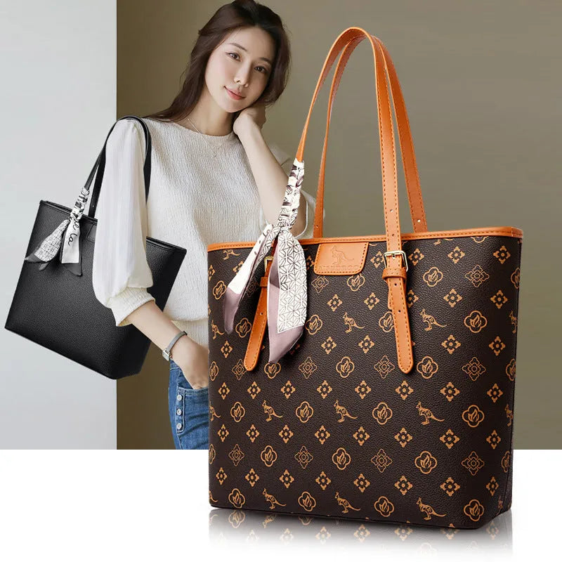 Large capacity women's shoulder bag with printing, PU material, horizontal square shape, sandwich pocket, double straps, colour black, brown, beige
