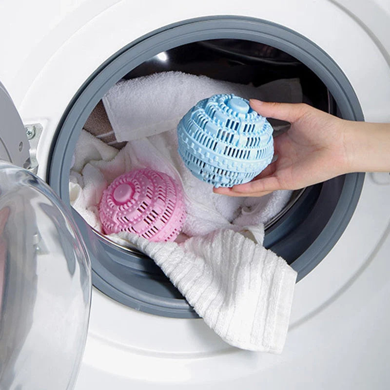 Laundry ball in blue, pink, white, and green for effective clothes cleaning