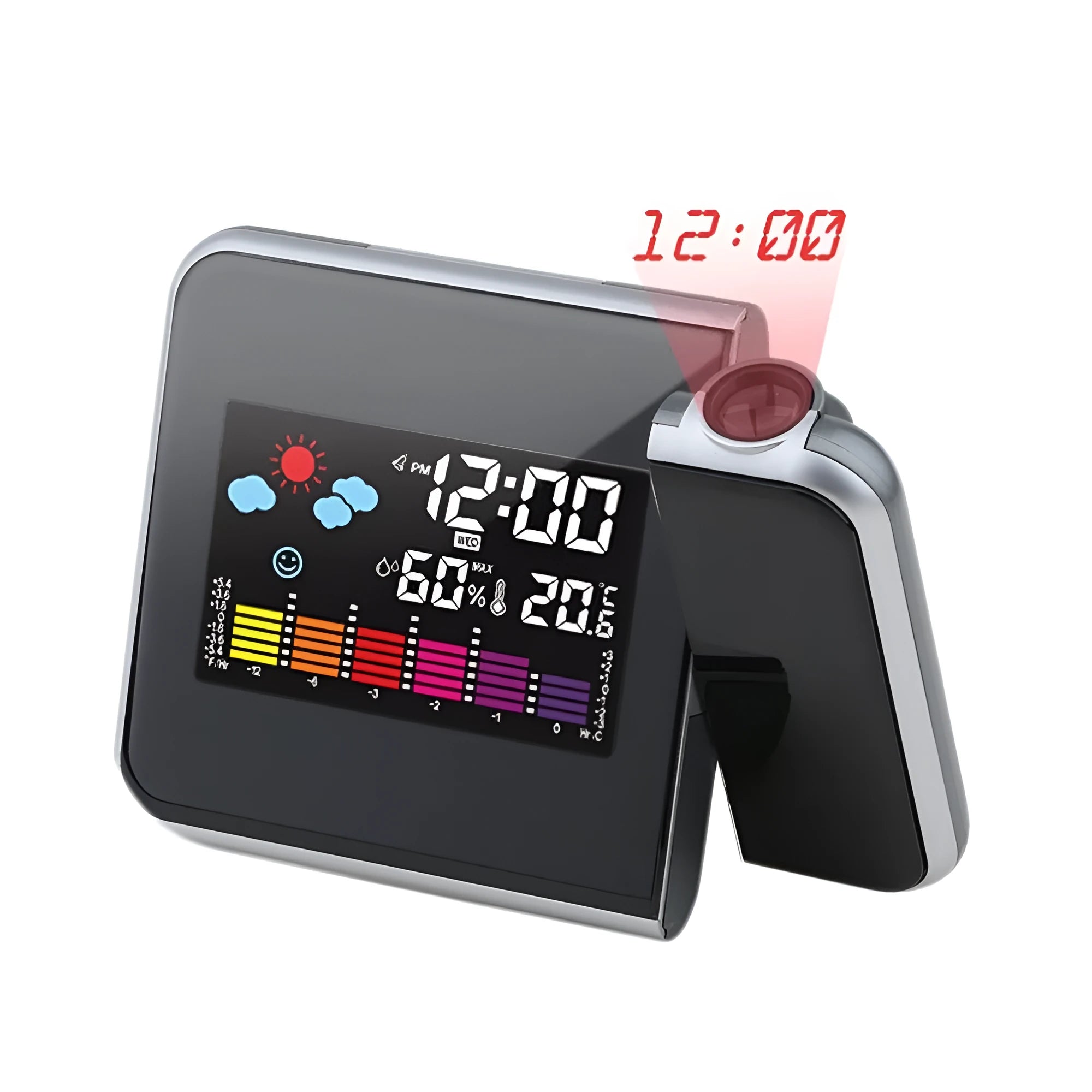 Black digital projection alarm clock on a surface, showing its compact plastic design.