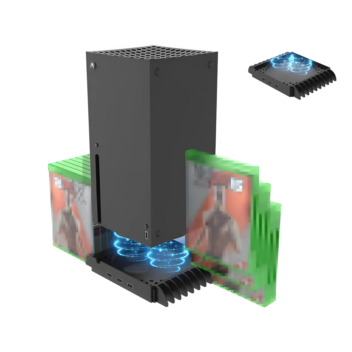 Black ABS multi-function cooling base with game disc storage rack for Xbox Series X