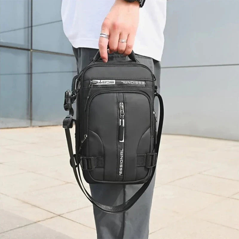 A versatile crossbody backpack for men with multiple pockets and a sleek, square profile for convenient, hands-free carry