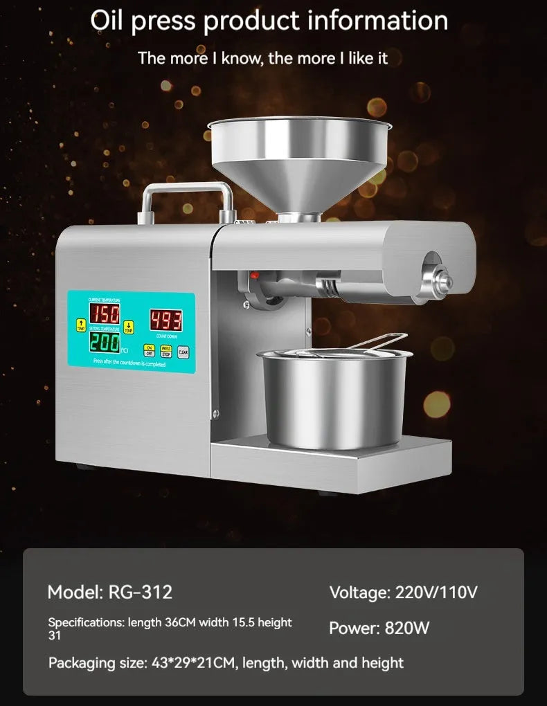 Xiangwei RG-311 and RG-312 electric household oil press machine on a kitchen counter
