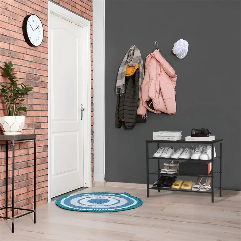 Rustic wooden 4-tier shoe rack with grid design and coat hook for entryway organization