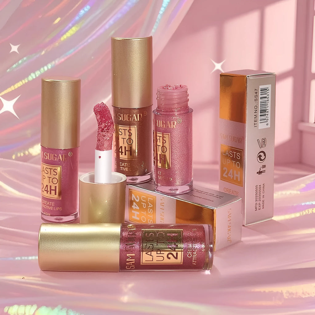 6-colour set of glittering pearlescent lip lacquer tubes in metallic finish shades 01 to 06