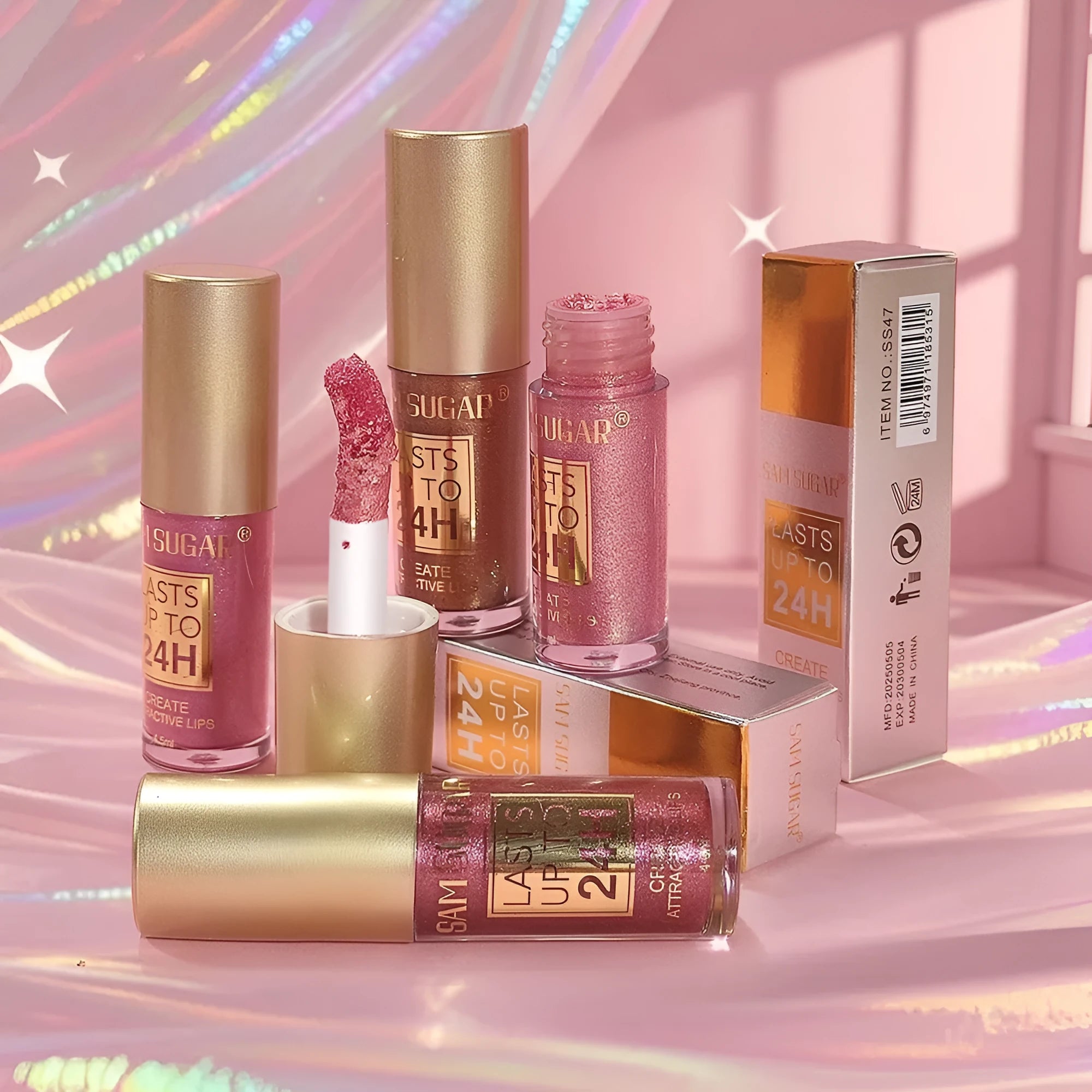 6-colour set of glittering pearlescent lip lacquer tubes in metallic finish shades 01 to 06