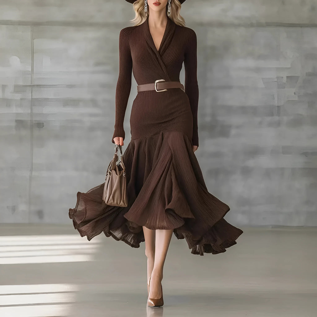 Stitching V-neck long-sleeve dress in dark brown with asymmetric long skirt and high waist