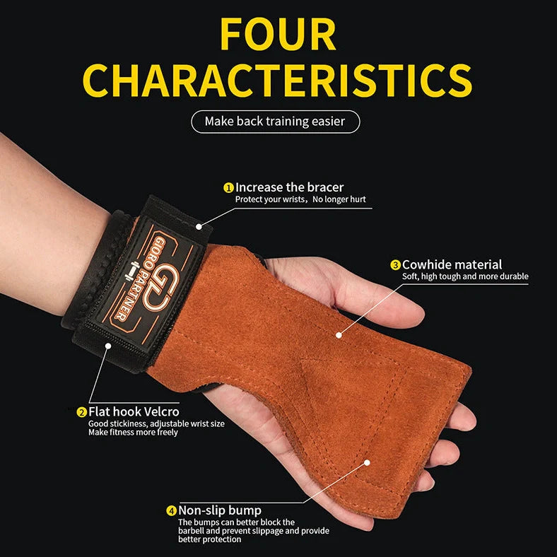Brown-red cowhide palm protectors for weightlifting with non-slip leather surface