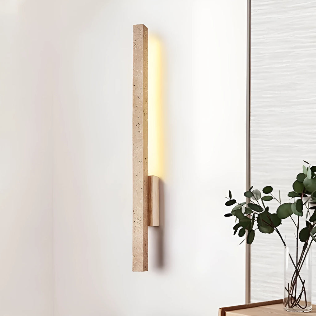 Minimalist strip wall lamp with warm light, cave stone base, black wood colour finish, 55cm length
