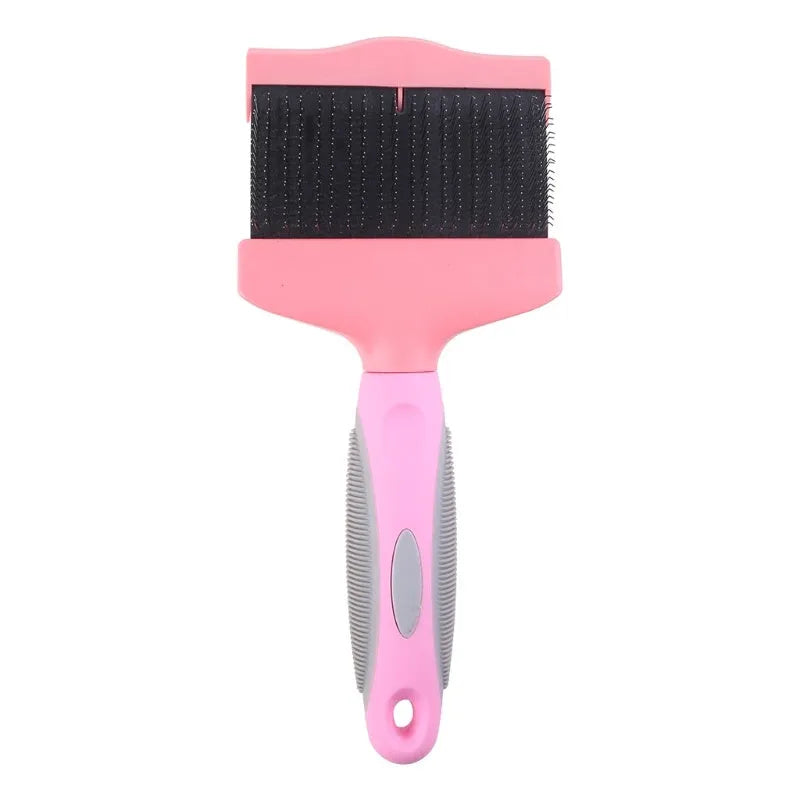 Double-sided pet grooming brush with stainless steel pins and ergonomic handle in blue