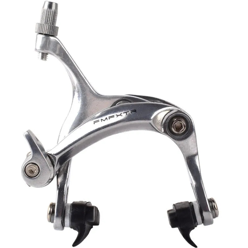 A pair of U-shaped metal bicycle road clamps for brake system modifications, shown in black and silver finish options.