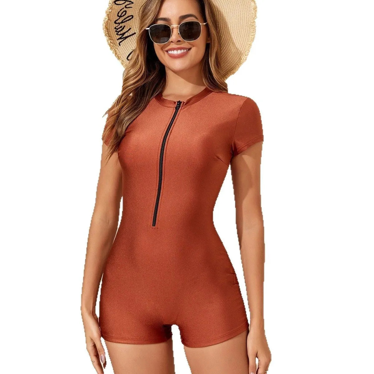 Solid colour zipper one-piece swimsuit in brown with short sleeves for women
