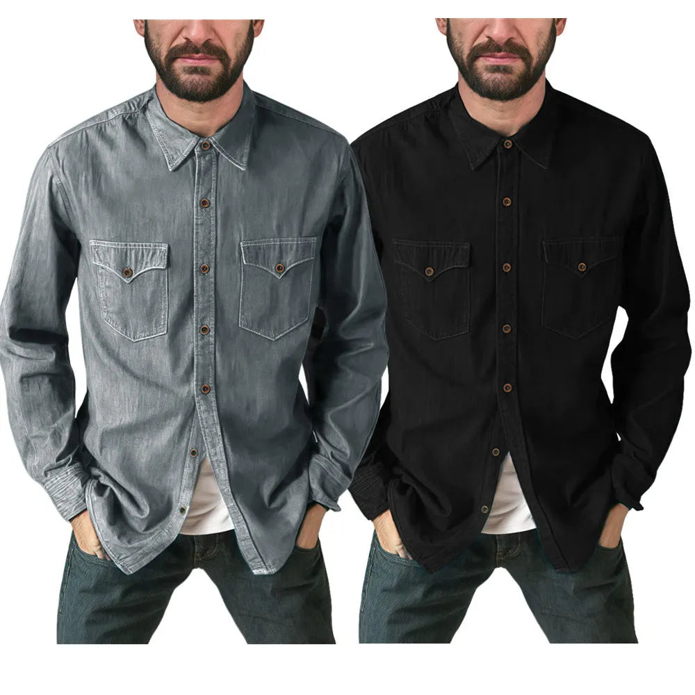 A regular-fit denim cardigan coat shown in khaki, available in multiple sizes.