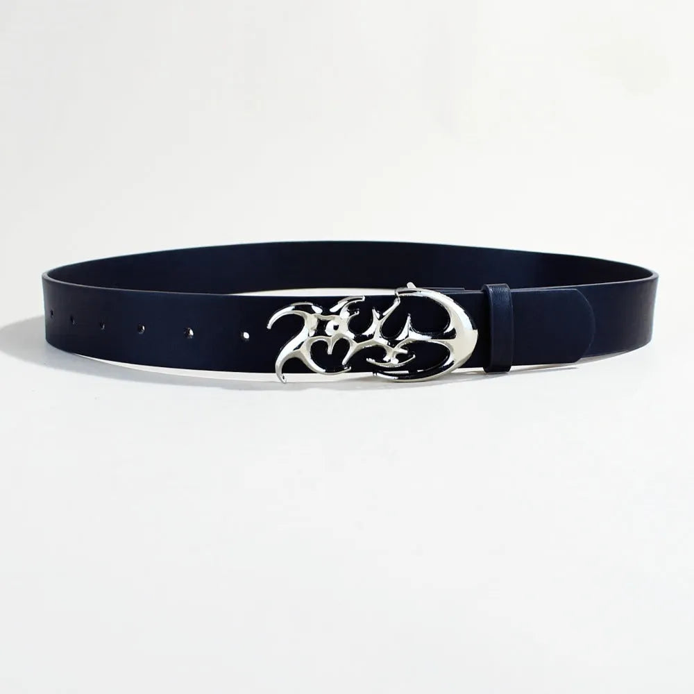 Men's casual silver buckle belt with snap button on a 105cm long, 3.3cm wide PU leather strap.