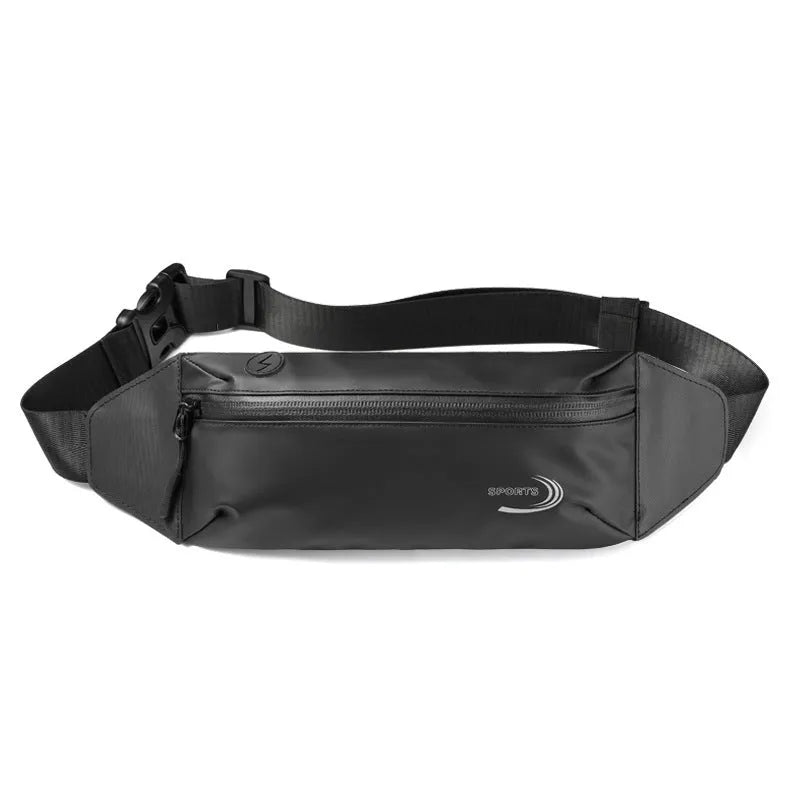 Men's solid-colour waterproof waist bag in Derm Oxford polyester, shown in black, blue, and grey.