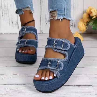 Women's denim buckle wedges sandals with thick bottom in blue, army green, and grey