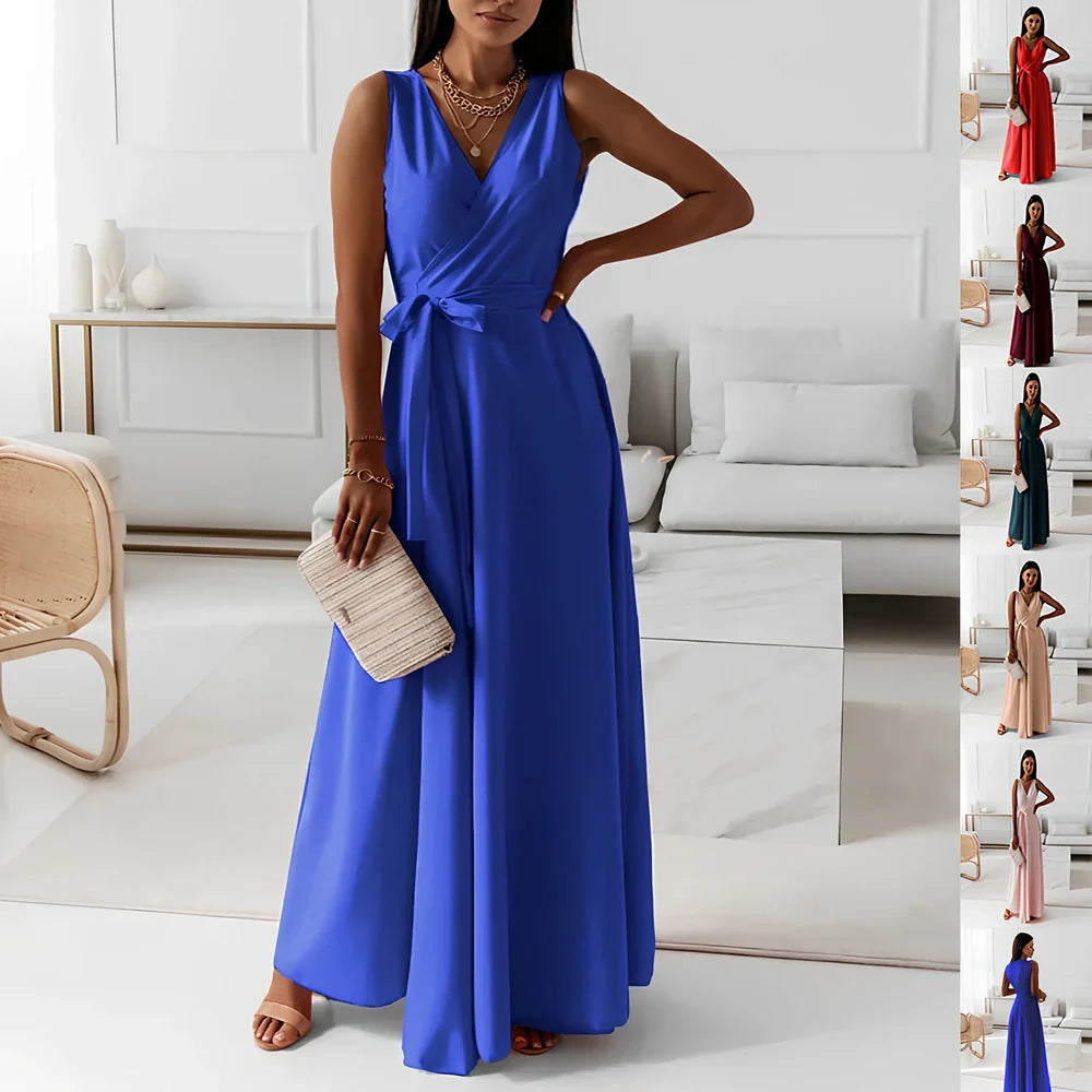 Women’s V-neck sleeveless maxi dress in navy blue with mid-waist belt, polyester fabric, length 144cm size M for party wear