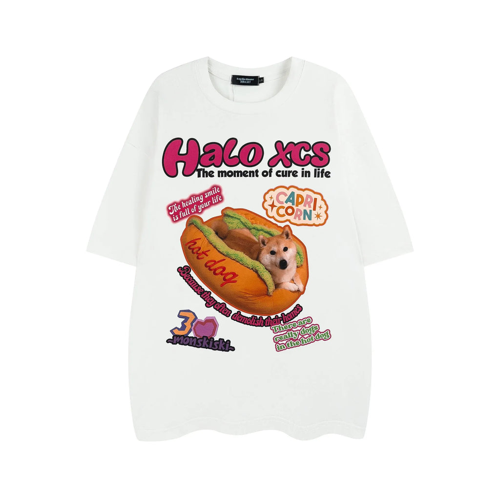Cartoon hamburger dog printed cotton t-shirt for couples in loose fit with short sleeves