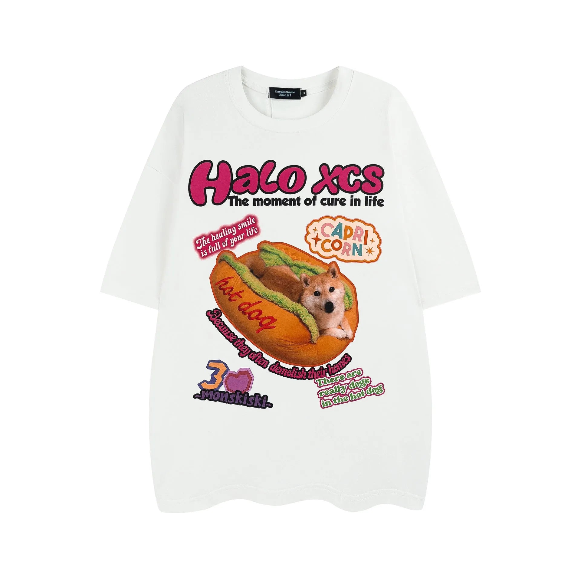 Cartoon hamburger dog printed cotton t-shirt for couples in loose fit with short sleeves