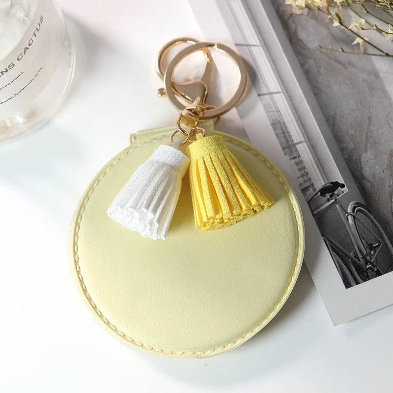 Mini round PU leather small mirror with tassel in various colours