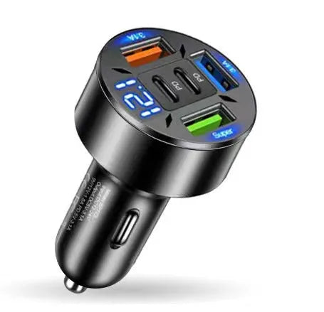 Black digital display car charger with 4 USB and PD ports, 66W fast charge, 63mm length