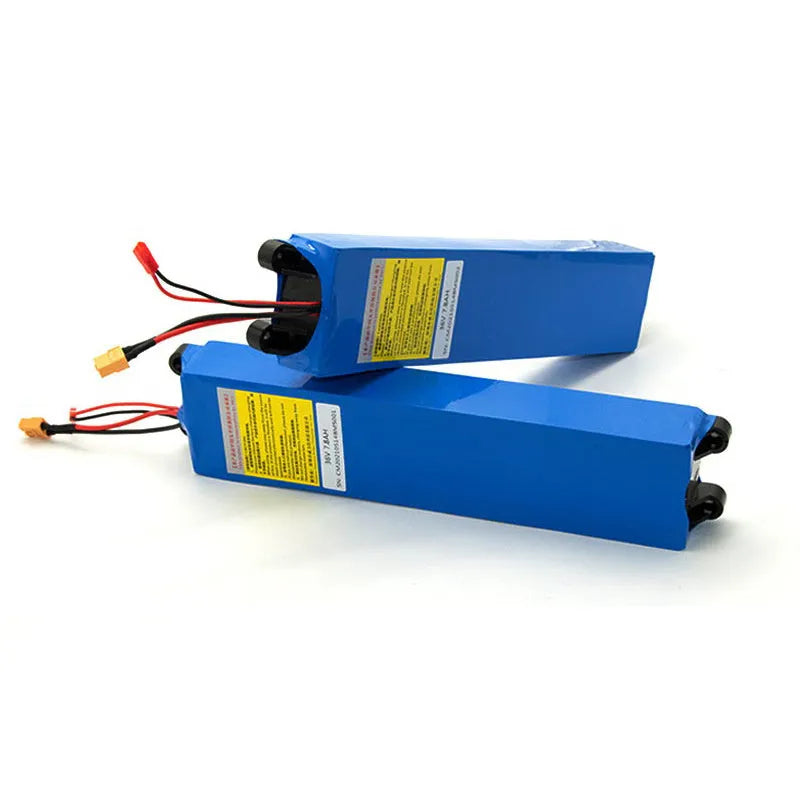 Black 36V lithium-ion electric scooter battery pack showing three capacity options: 6.6Ah, 7.8Ah, and 10.4Ah.