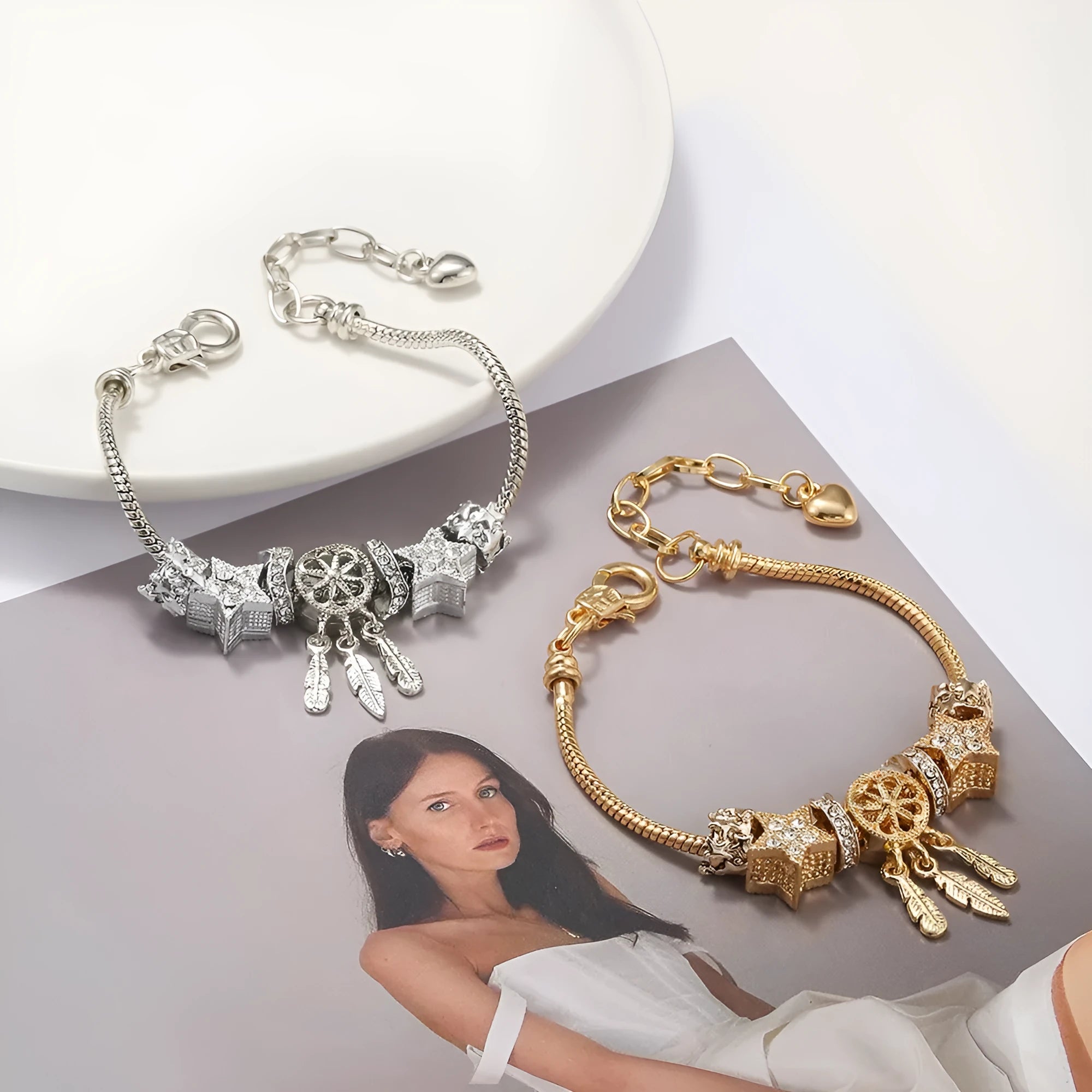 Unisex alloy bracelet with dreamcatcher pendant and star bead, KC gold finish, lobster clasp