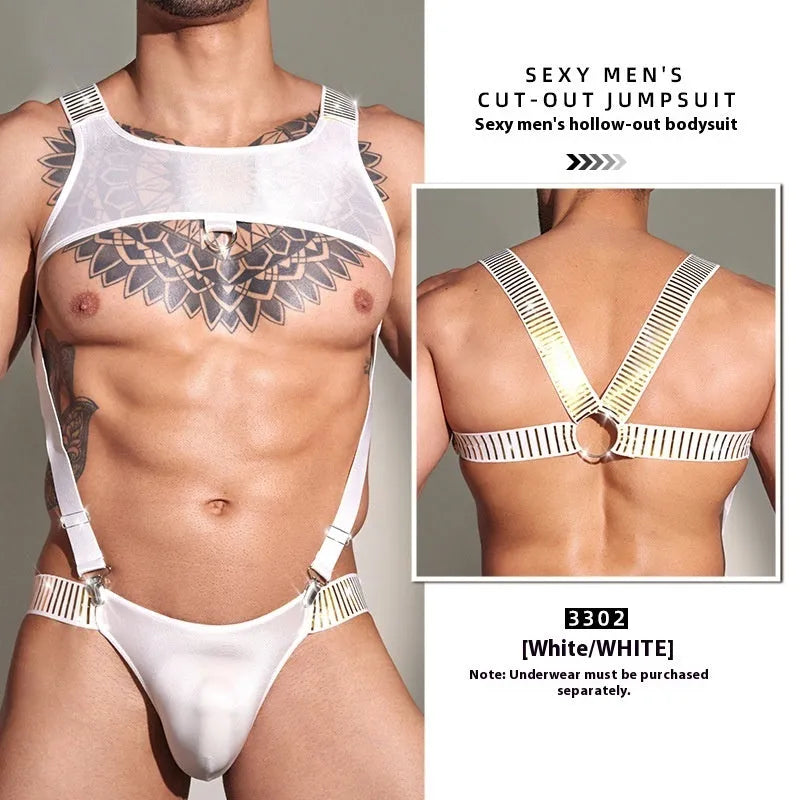 Sexy cutout men's slim nylon top in black, front view, without underpants